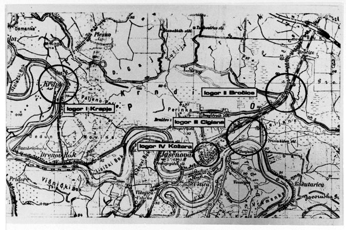 Map showing the locatin of four of the camps that made up Jasenovac